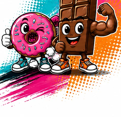 Die Snackforce-Maskottchen: ein Donut und ein Schokoriegel